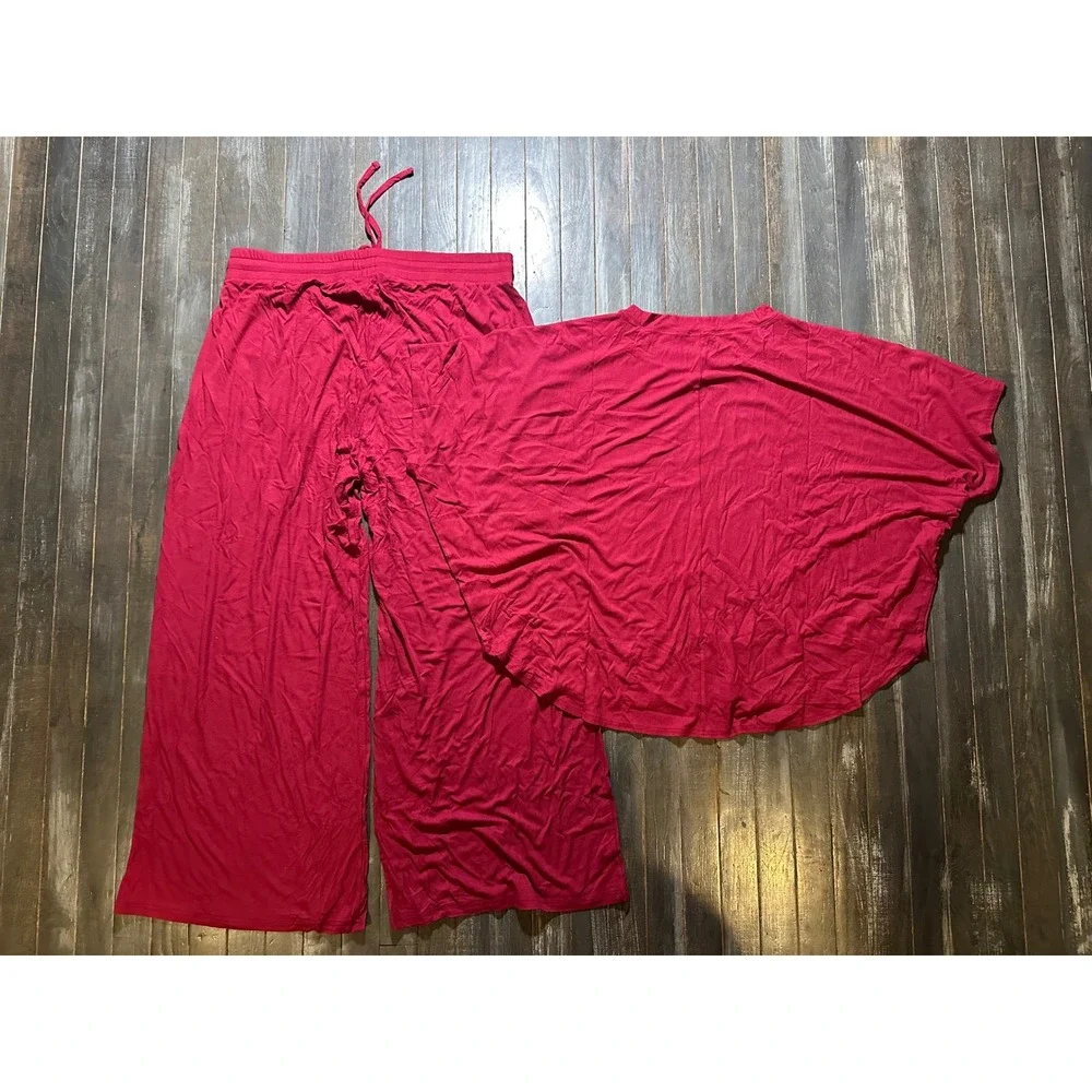 Zenana Women Red Ribbed Knit Lounge Set Wide Leg Pants Dolman Top